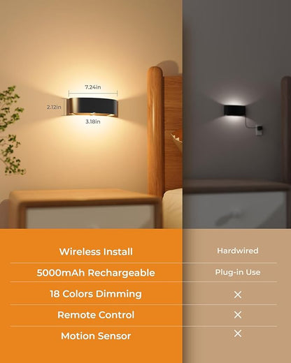 Motion Sensor Wall Light, 5000mAh Rechargeable Battery Operated Motion Sensor Light Indoor with Remote, 15 RGB and 3 Colors Dimmable, Wireless Wall Sconces for Hallway, Living Room, Stair, Bedroom