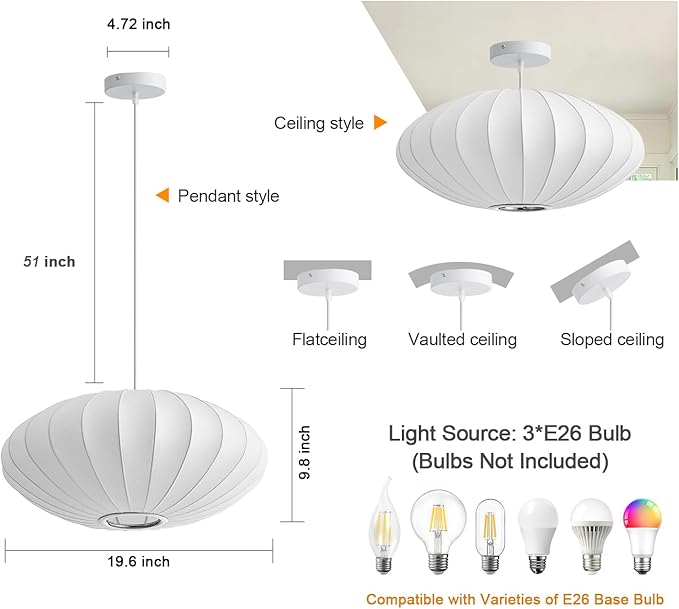 19.7 Inch Lantern Pendant Light fixtures, Imitation Silk Ceiling Hanging Pendant Light Japanese Lamp White Chandelier for Dinning Room Living Room Kitchen Island Bedroom Restaurant