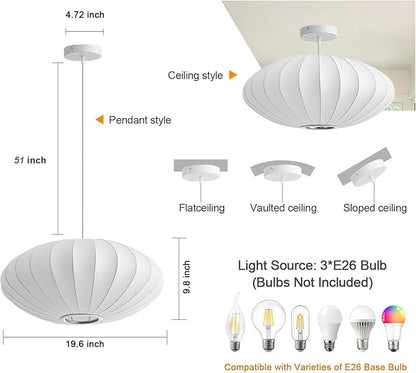 19.7 Inch Lantern Pendant Light fixtures, Imitation Silk Ceiling Hanging Pendant Light Japanese Lamp White Chandelier for Dinning Room Living Room Kitchen Island Bedroom Restaurant