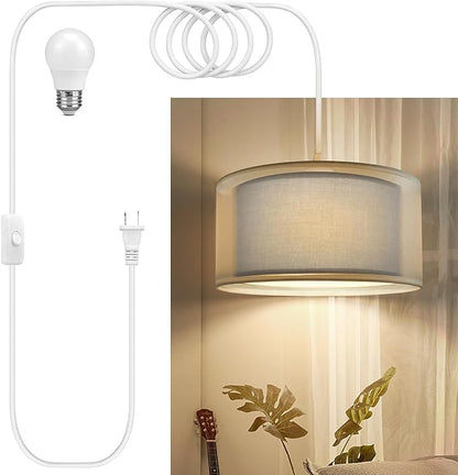 Plug in Pendant Light, 15FT White Cord Hanging Lights with Plug in Cord, Hanging Light with On/Off Switch, Double Linen Shade Fabric Design, Pendant Llight Fixture for Bedroom Restaurant Grey