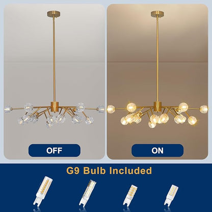 Depuley Modern Gold Sputnik Chandelier: 18-Light Large Crystal Glass Chandelier for Living Room - Kitchen Island Light Fixture Mid Century Hanging Lamp for Dining Room (Included G9 Bulbs)