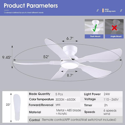 Kviflon 52 Inch Modern Ceiling Fans with Lights, Flush Mount Ceiling Fan with Light and Remote/APP Control, 5 Reversible 6 Speeds Curved Blades, 3 CCT Dimmable Lights for Bedroom, White