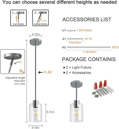 Chrome Pendant Lights Kitchen Island - Clear Glass Pendant Light Fixture Multiple Stems Rods 3 Units 12 Inch 3 Units 4 Inch (2 Pack Chrome Downrod)