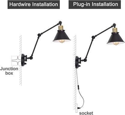TRLIFE Plug in Wall Sconces, Dimmable Wall Sconce Swing Arm Wall Lights Plug in, Adjustable Wall Mounted Light Wall Lights with 6FT Plug in Cord, E26 Base(Two Arms, 2 Pack)