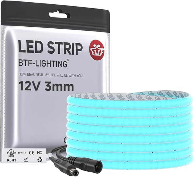 BTF-LIGHTING FCOB COB 3mm Width UL Listed Super Narrow Flexible Uniform LED Strip Light Ice Blue 16.4FT DC12V CRI 90+ Dimmable LED Ribbon for Kitchen Home Indoor Decor(No Adapter or Controller)