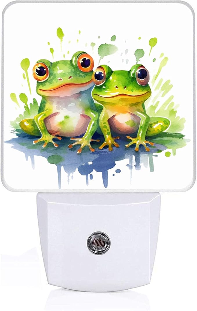 Watercolor Two Frogs Night Light, Plug-into Wall Nightlight Lamp with Dusk to Dawn Sensor, Led Lamp 0.5W Energy Efficient for Boys Girls Adults Home Decor