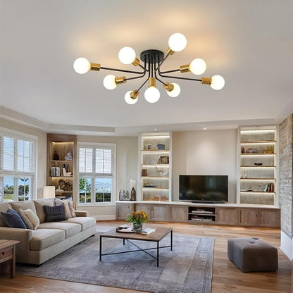 9-Lights Semi Flush Mount Ceiling Light Fixture Black and Gold,Modern Sputnik Semi Flush Mount Chandelier for Office Kitchen Bedroom Dining Room Living Room