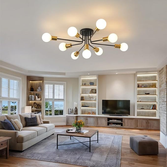9-Lights Semi Flush Mount Ceiling Light Fixture Black and Gold,Modern Sputnik Semi Flush Mount Chandelier for Office Kitchen Bedroom Dining Room Living Room