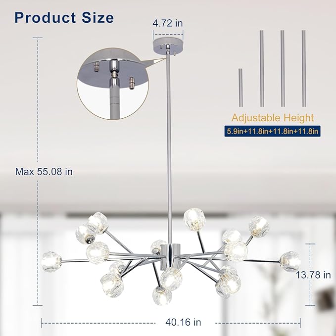 Depuley Modern Chrome Sputnik Chandelier: 18-Light Large Crystal Glass Chandelier for Living Room - Kitchen Island Light Fixture Mid Century Hanging Lamp for Dining Room (Included G9 Bulbs)