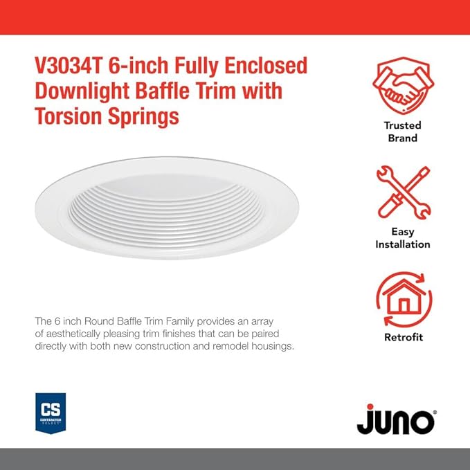 Juno VuLite 6" Recessed Light Trim, Air-Loc and Wet Rated Recessed Lighting Trim for New Construction and Remodel, Downlight Baffle Trim with Torsion Springs, Fits IC23, IC22, IC22R Can Light Housings