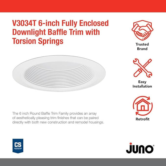 Juno VuLite 6" Recessed Light Trim, Air-Loc and Wet Rated Recessed Lighting Trim for New Construction and Remodel, Downlight Baffle Trim with Torsion Springs, Fits IC23, IC22, IC22R Can Light Housings