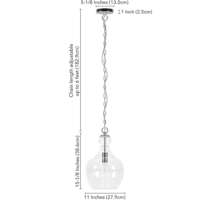 Henn&Hart 11" Mid-Century Modern Pendant Light Fixture with Seeded Glass Dome Shade and 6' Adjustable Cord for Kitchen Island, Dining Room or Game Room, Brushed Silver