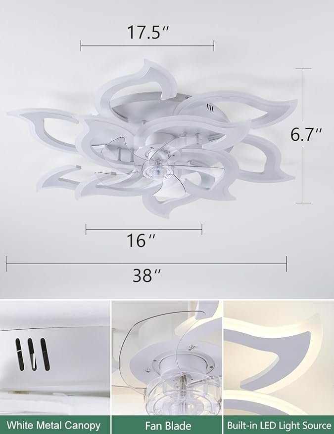 Ceiling Fans with Lights and Remote, 38Inch Modern Low Profile Ceiling Fan with App Control, Dimmable LED Flush Mount Ceiling Fan Lights, Ceiling Fan for Livingroom，Diningroom, Kitchen, White