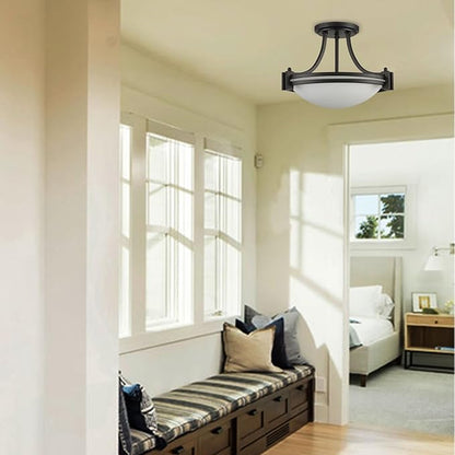 Matte Black Semi Flush Mount Ceiling Light Modern Farmhouse 2-Light Milk Glass Ceiling Light Fixture for Hallway Bedroom Kitchen, 12-Inch