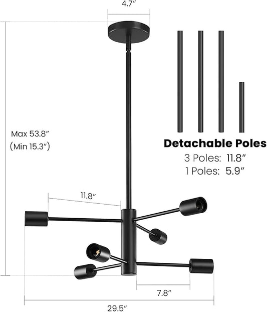 RUIYEY Modern Sputnik Chandeliers Light, 6-Light Black Chandeliers for Dining Room, Height Adjustable Ceiling Lights Farmhouse Chandelier for Kitchen Island Living Room Bedroom Visit The Store