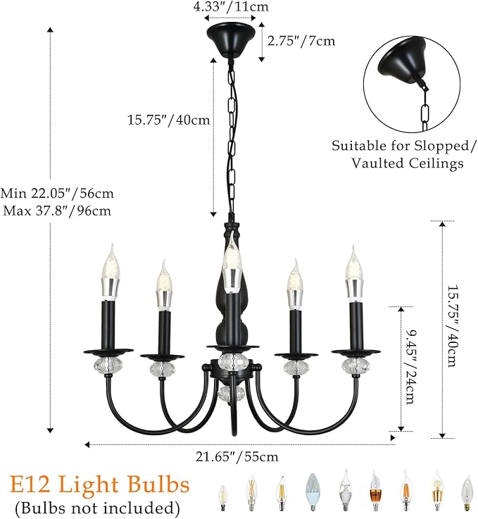 Black Chandelier, 5-Light Farmhouse Candle Chandelier for Living Room, Rustic Industrial Pendant Chandeliers for Dining Room, Vintage Crystal Hanging Light fixture for Hallway Kitchen Foyer E12