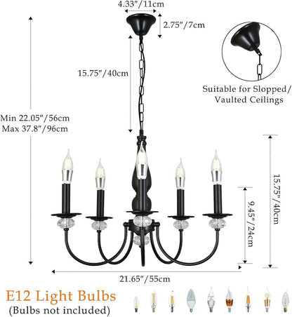 Black Chandelier, 5-Light Farmhouse Candle Chandelier for Living Room, Rustic Industrial Pendant Chandeliers for Dining Room, Vintage Crystal Hanging Light fixture for Hallway Kitchen Foyer E12
