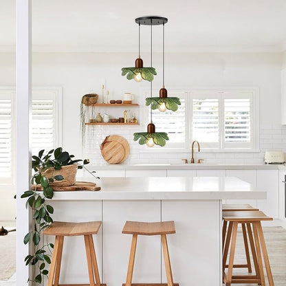 Mid Century Chandeliers 3-Light Green Glass Hanging Pendant Lamp Art Decoration Light Fixtures Walnut Wood Black Vintage Chandelier for Dining Room, Living Room, Bedroom