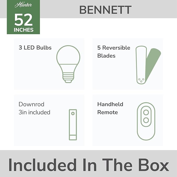Hunter 52 inch Indoor Ceiling Fan with LED Lights and Remote Control - Standard Mount Ceiling Fan, 5 Blades, For Bedroom, Living Room, or Kitchen, Quiet - Bennett 54190, Brushed Nickel