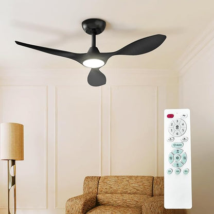 Roomratv Ceiling Fans with Lights and Remote Control,Quiet Noiseless Reversible DC Motor,6 Speeds,Timers, 3 CCT, Indoor Use, Plastic Blades,42 Inch Black Modern Ceiling Fan for Bedroom Living Room