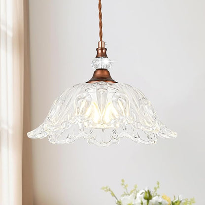 1 Piece Vintage Chandelier Light Fixtures with Crystal Glass Shade, Antique Red Bronze Finish Pendant Light for Kitchen Island, Hanging Light Fixture for Dining Room, Hallway, Living Room, Bedroom