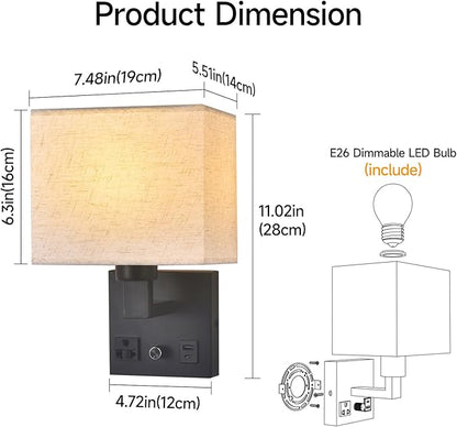 Bedside Wall Lamp for Bedroom, Plug in Wall Sconce - Dimmable Switch with AC Outlet & USB Charging Port, Fabric Shade, Black Wall Mounted Light for Living Room, Hotel