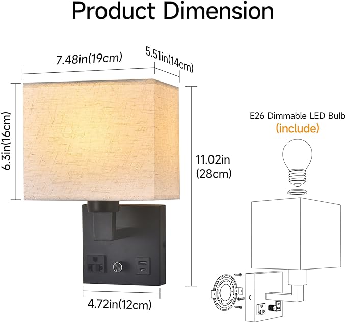 Bedside Wall Lamp for Bedroom, Plug in Wall Sconce - Dimmable Switch with AC Outlet & USB Charging Port, Fabric Shade, Black Wall Mounted Light for Living Room, Hotel (B8045-2Pack)