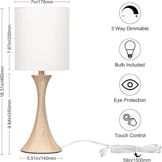 Bedside Touch Lamp, 3 Way Dimmable Touch Control Table Lamp, Wood Grain Farmhouse Table Lamp, Modern Nightstand Lamp with White Shade for Bedroom, Dorm, Office, 3000K LED Bulb Included