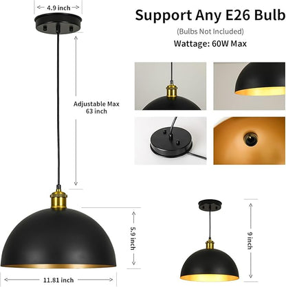 Pendant Lights Kitchen Island - 12-Inch Farmhouse Dome Hanging Light Fixture, Black and Gold Industrial Ceiling Light Adjustable Kitchen Pendant Lighting for Dining Room, Bedroom, Living Rooms