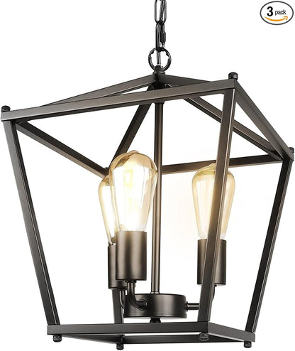 Unicozin Black Lantern Pendant Light, 3 Lights Farmhouse Chandelier Fixture with Metal Cage, Adjustable Height Industrial Hanging Lights E26 Base for Kitchen Island, Bedroom, Entryway, Foyer