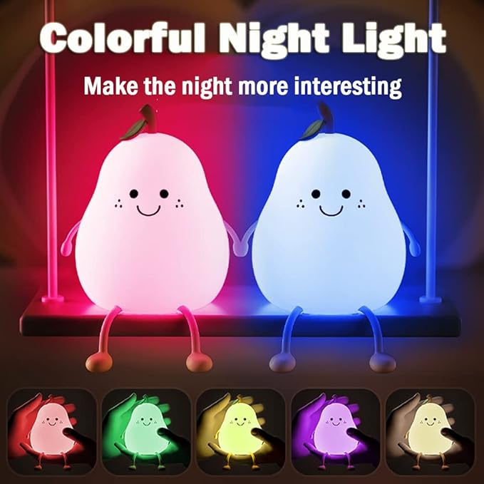Cute Pear Night Light for Kids, Silicone Fruit Pear Lamp with Remote, Squishy Kawaii Bedside Cute Lamp, Adjustable Brightness NightLight for Bedroom, Rechargeable Soft NightLight for Room Decoration