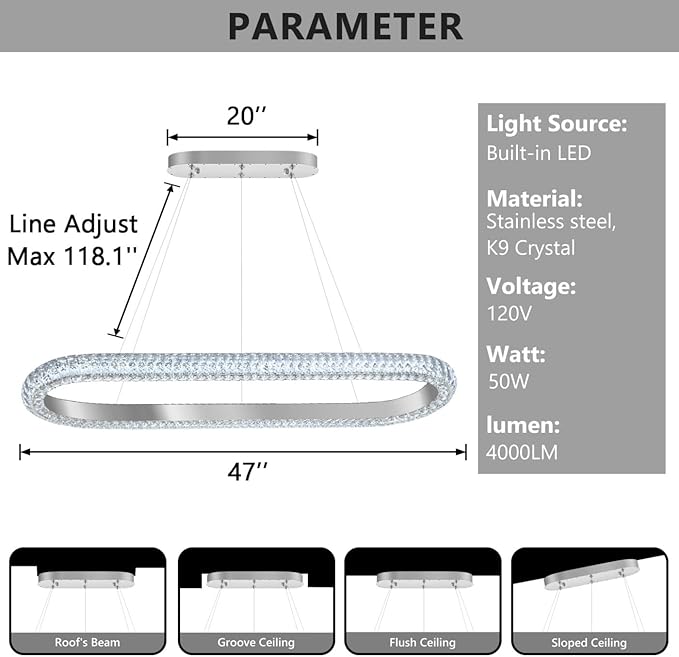 47'' Oval Ring Crystal Chandelier Modern LED Dimmable Ring Pendant Light Chandelier for Dining Room Living Room Silver