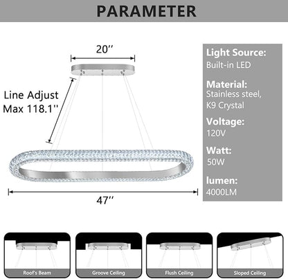 47'' Oval Ring Crystal Chandelier Modern LED Dimmable Ring Pendant Light Chandelier for Dining Room Living Room Silver