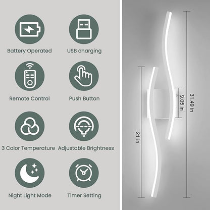 Modern LED Wall Sconce Set of Two, Dimmable Battery Powered Wall Sconces, 3000K-6500K LED Wireless Wall Light with Remote, Wall Lamp Indoor not Hardwired for Room Bedroom Corridor（White）