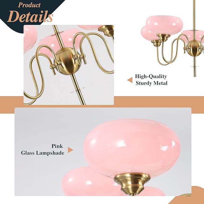 BOKT Pink Sputnik Chandelier Gold 5-Lights Semi Flush Mount Ceiling Light Pink Globe Chandelier Pendant Lighting Vintage Large Pendant Light Farmhouse Industrial Hanging Ceiling Light