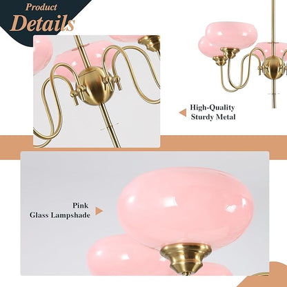 BOKT Pink Sputnik Chandelier Gold 5-Lights Semi Flush Mount Ceiling Light Pink Globe Chandelier Pendant Lighting Vintage Large Pendant Light Farmhouse Industrial Hanging Ceiling Light