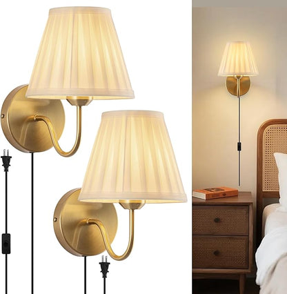 Plug in Wall Sconces Set of Two, Fabric Shade Wall Light with On/Off Switch, Plug in Wall Mount Lamps Wall Decor Set of 2, Gold Sconces Wall Lighting Fixture for Bedroom Bedside Living Room Porch