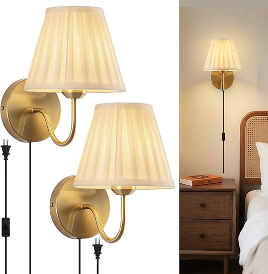 Plug in Wall Sconces Set of Two, Fabric Shade Wall Light with On/Off Switch, Plug in Wall Mount Lamps Wall Decor Set of 2, Gold Sconces Wall Lighting Fixture for Bedroom Bedside Living Room Porch