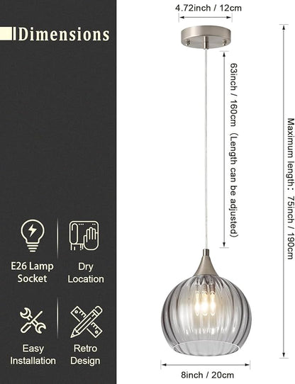 Brushed Nickel Pendant Lights Kitchen Island, Globe Pendant Light Fixtures with 8 Inch Clear Glass Shade, Modern Hanging Light Fixtures for Kitchen, Bedroom (1 Pack - Gray Glass Pendant Light)