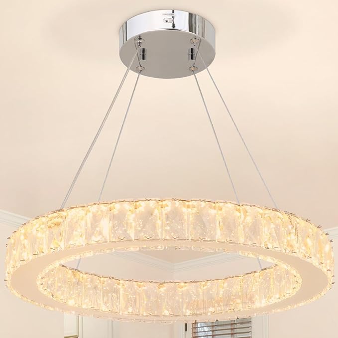 LED Chandelier, Modern Crystal Chandeliers, 17’’ Pendant Light 3/4/5000K Dimmable, Adjustable Height Ceiling Light Fixture for Dining Room, Stairwell, Entryway, Bedroom, ETL Listed