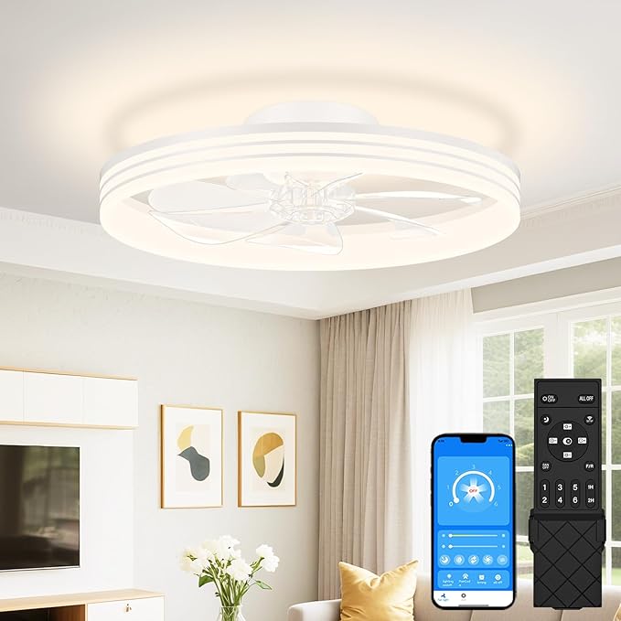 VOLISUN Low Profile Ceiling Fans with Lights and Remote, 20in Flush Mount Ceiling Fan with Light, 3000K-6500K Dimmable Fandelier LED Fan Light, White Bladeless Ceiling Fans with Lights for Bedroom