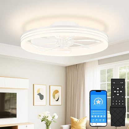 VOLISUN Low Profile Ceiling Fans with Lights and Remote, 20in Flush Mount Ceiling Fan with Light, 3000K-6500K Dimmable Fandelier LED Fan Light, White Bladeless Ceiling Fans with Lights for Bedroom