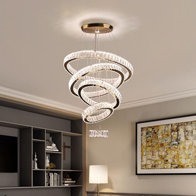 Dixun LED Big Crystal Chandeliers Modern 5 Rings Pendant Light Adjustable Ceiling Light for Bedroom Dinning Room Kitchen (Multicolor,Control by Switch)