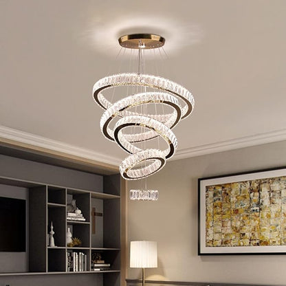 Dixun LED Big Crystal Chandeliers Modern 5 Rings Pendant Light Adjustable Ceiling Light for Bedroom Dinning Room Kitchen (Multicolor,Control by Switch)