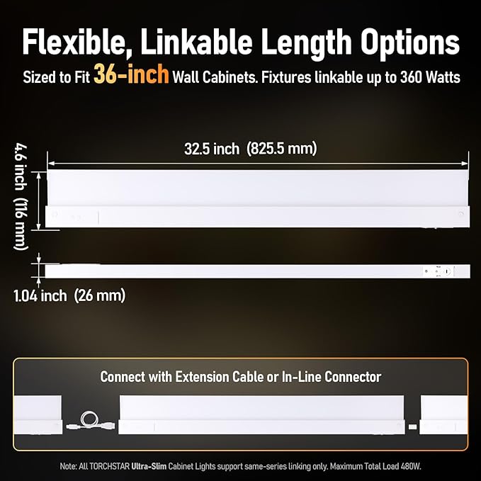 TORCHSTAR Ultra-Slim LED Under Cabinet Lighting Fits 36 Inch Cabinets, 5CCT 20W 1500LM, Hardwired & Plug-in, 120V CRI90 Linkable Dimmable Thin Under Counter Lights for Kitchen, ETL T24