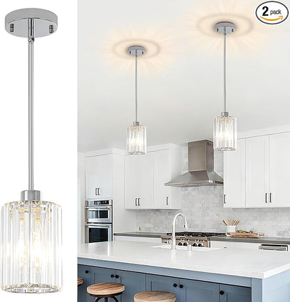 Chrome Pendant Lights, 2 Pack Modern Crystal Hanging Pendant Light Fixtures, Mini Crystal Island Lights for Kitchen Island, Dining Room, Hallway, Foyer, Entryways