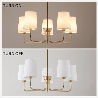 AMZASA Antique Brass Gold Chandelier with Shades, Electroplated Finish, 5 Light Modern Farmhouse Chandeliers with White Fabric Shade, Linear Island Chandelier Lights for Dining Room,Kitchen,Foyer