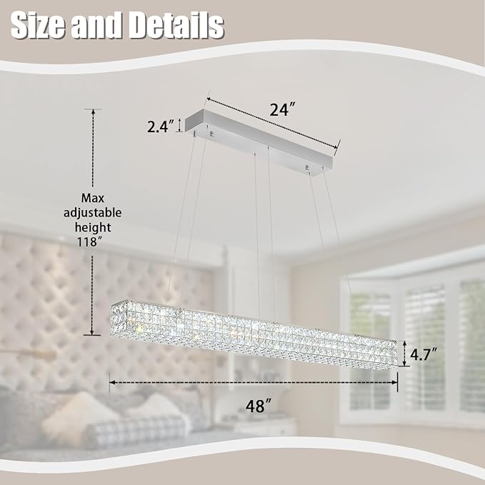 ykolupty W48 Modern Rectangular Crystal Chandeliers Dining Room Chandelier,Silver Pendant Light Fixture with Remote Control for Living Room Kitchen Island