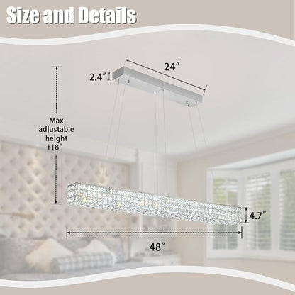 ykolupty W48 Modern Rectangular Crystal Chandeliers Dining Room Chandelier,Silver Pendant Light Fixture with Remote Control for Living Room Kitchen Island