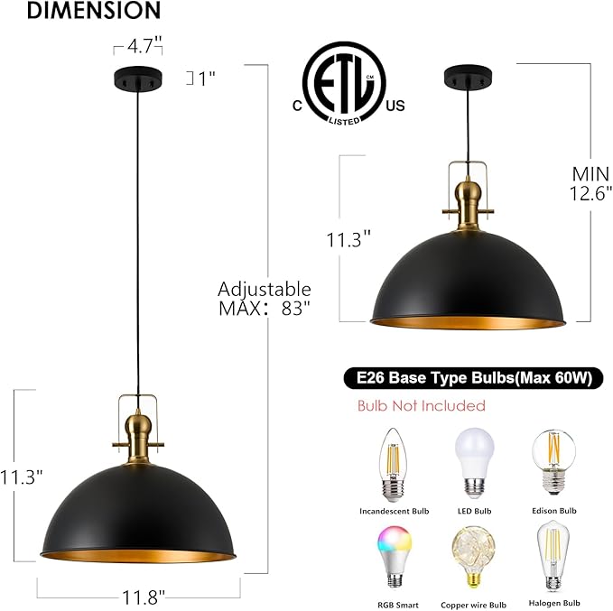 12 Inch Black Farmhouse Pendant Lights Matte Pendant Lights for Kitchen Island Industrial Adjustable Height Vintage Dome Hanging Light Fixtures for Barn, Dining Room 1 Pack